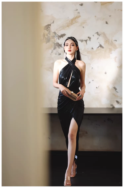 Sexy Black Halter High Slit Sheath Long Evening Dress Backless Prom Gowns D2412