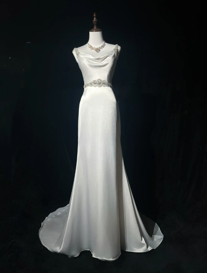 Pretty White Satin Beaded Mermaid Long Wedding Guest Dress Formal Party Dress Evening Gown D1994