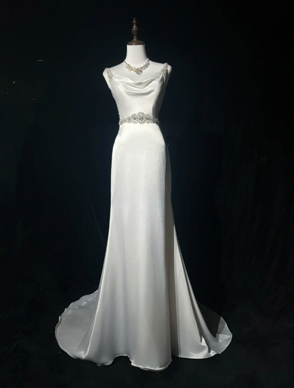 Pretty White Satin Beaded Mermaid Long Wedding Guest Dress Formal Party Dress Evening Gown D1994