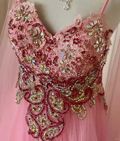 Pretty Pink Tulle Lace Appliques Beaded Evening Dress Spaghetti Straps Backless Long Prom Gown D3096