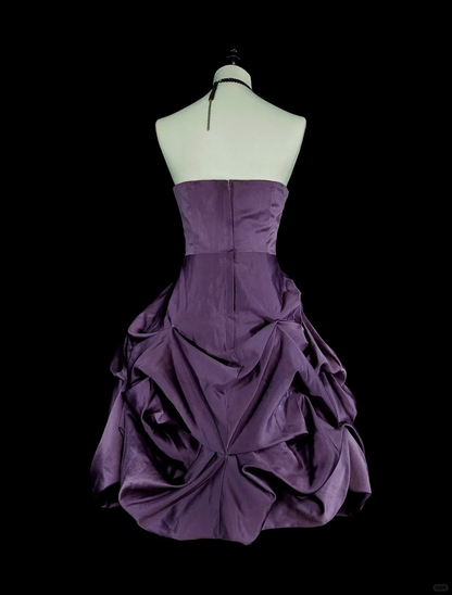 Classy Purple Satin Pleated Beaded Short 19th Birthday Outfits,Strapless A Line Short Party Dress D4046