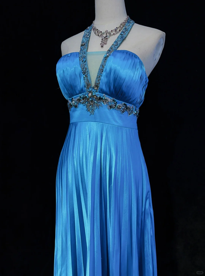 Sexy Halter Blue Satin Beaded A Line Short Homecoming Dress Birthday Dress D3364