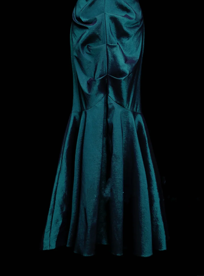 Vintage V Neck Blue Satin Pleated Mermaid Long Prom Dresses Party Dress D4880