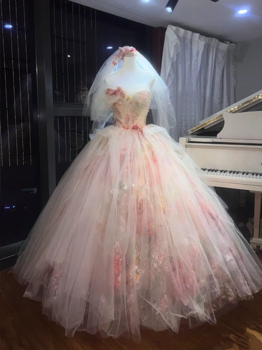 Pretty Strapless Ball Gown Tulle Floral Long Wedding Dress With Veil D1883