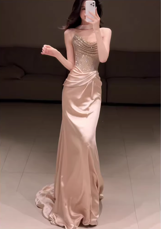 Elegant Strapless Sequin Satin Pleated Mermaid Long Party Dress Birthday Prom Dresses D2219