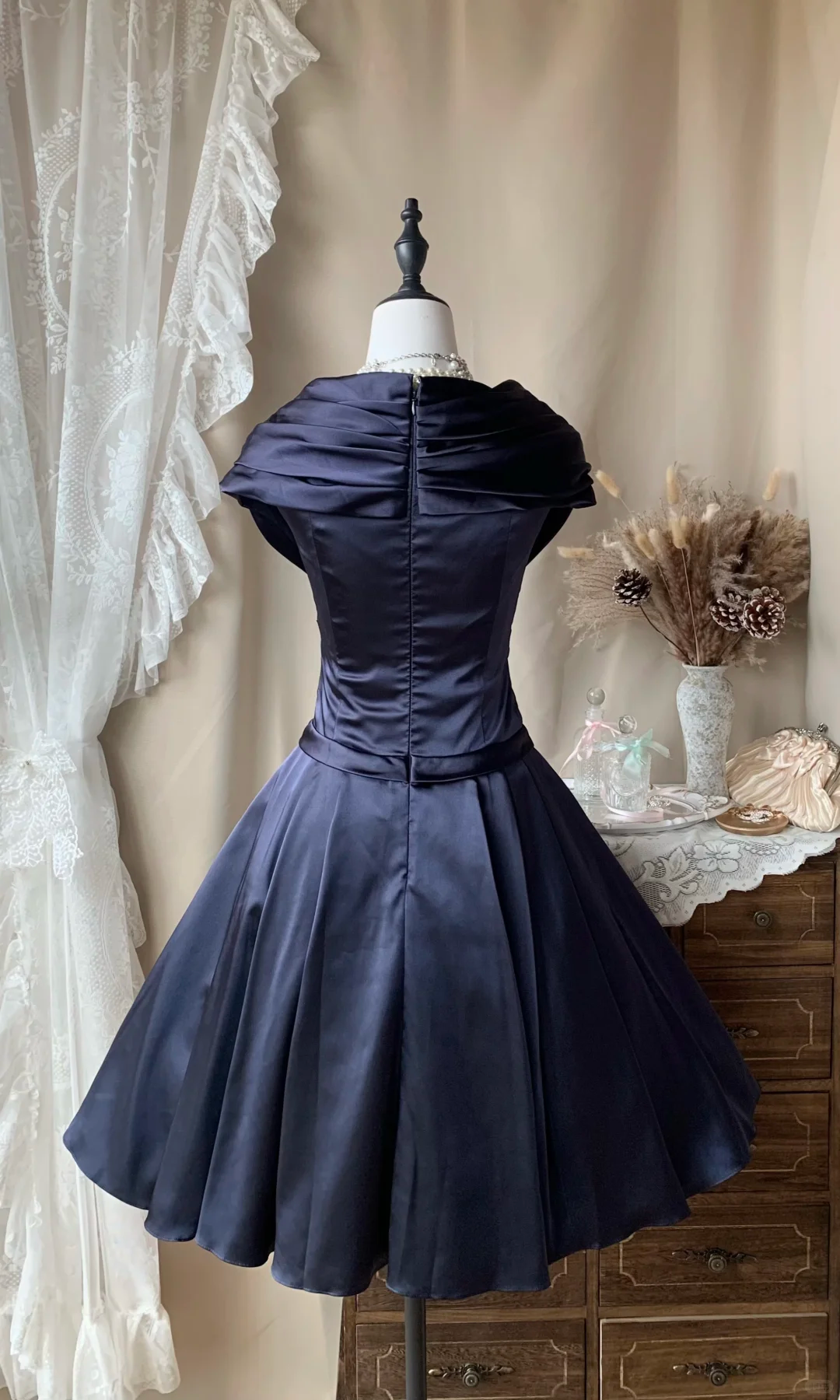 Classy Navy Blue Satin Pleated Short Homecoming Dress Cocktail Dress D3187