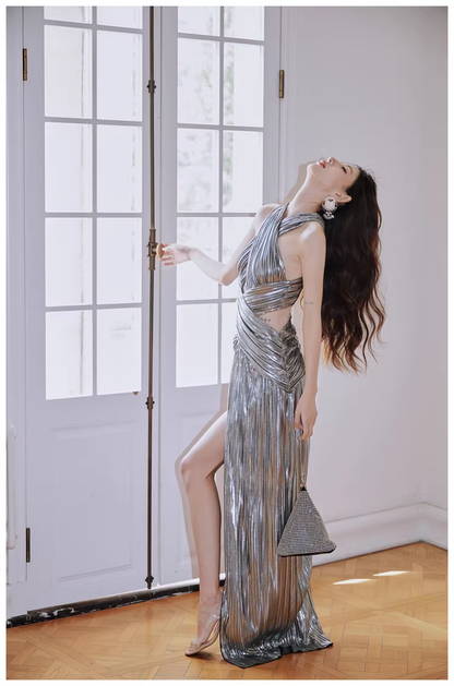 Fashion Silver Gray Satin Pleated High Slit Long Evening Dress Sexy Prom Dress D2429