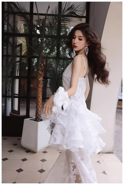 Fairy Spaghetti Strap White Lace Ruffle Layered Mermaid Long Prom Dress Evening Gowns D2426