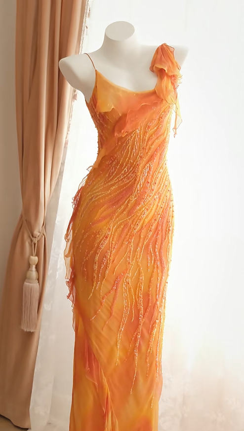 Glamorous Spaghetti Straps Orange Chiffon Ruffle Beaded Mermaid Long Prom Dress Party Gown D2895