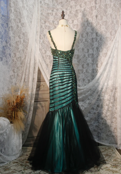 Vintage Spaghetti Straps Satin Tulle Beaded Mermaid Evening Dress Dark Green Long Party Gown D2252