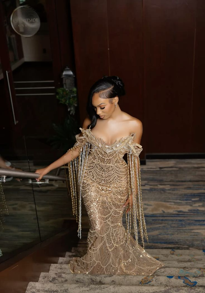 Luxurious Champagne Gold Off The Shoulder Sequin Beaded Mermaid Evening Dress Long Party Dress D1841