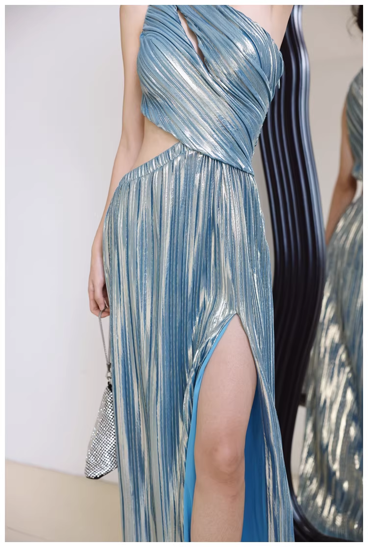 Sexy One Shoulder Satin Pleated Slit Long Wedding Guest Dress Blue Birthday Prom Dress Evening Gown D2458