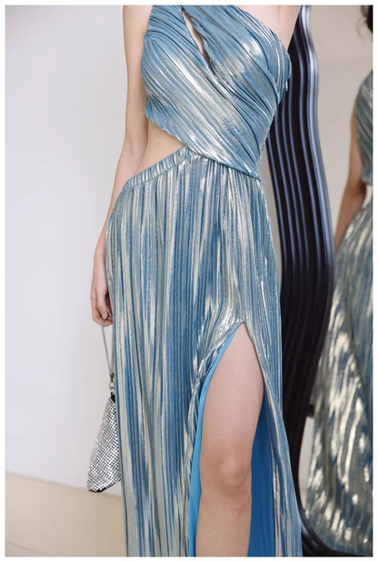 Sexy One Shoulder Satin Pleated Slit Long Wedding Guest Dress Blue Birthday Prom Dress Evening Gown D2458