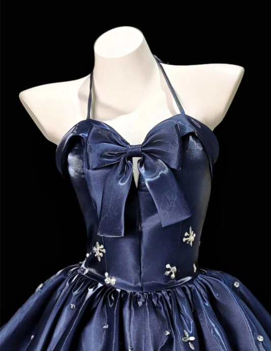 Cute Halter Navy Blue Satin A Line Short Homecoming Dress Formal Birthday Outfits With Bow D2331