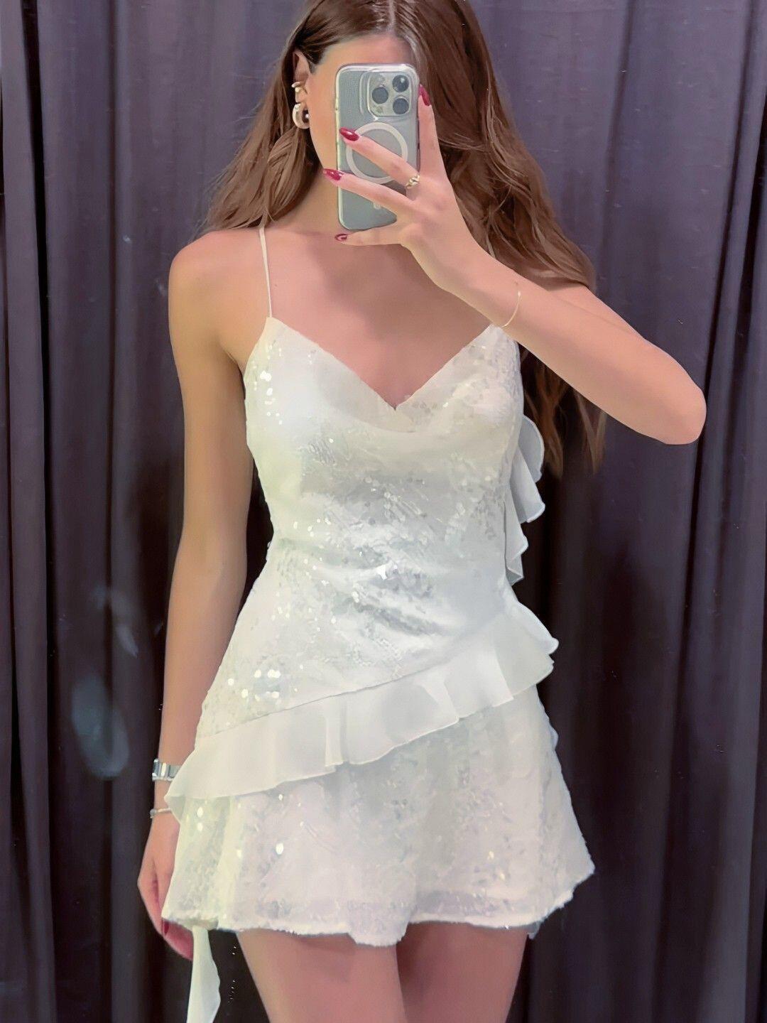 Classy Spaghetti Straps Sequin Chiffon Ruffle Short Graduation Homecoming Dress,White Short Party Dress D4131