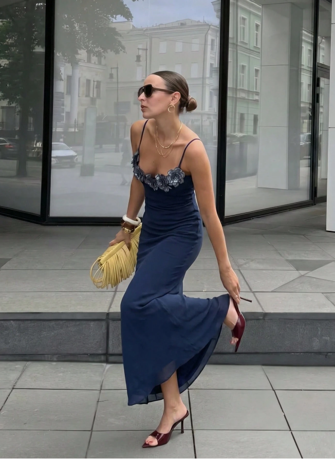 Vintage Navy Blue Spaghetti Straps Chiffon Mermaid Evening Dress 3D Flowers Long Party Gown D1030