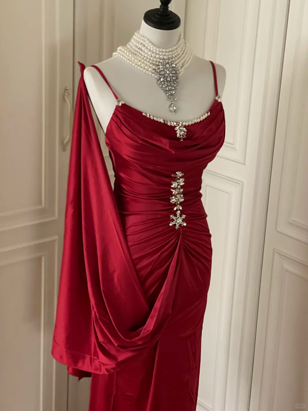 Charming Burgundy Satin Beaded Mermaid Evening Dress,Spaghetti Straps Long Wedding Guest Dress D3110