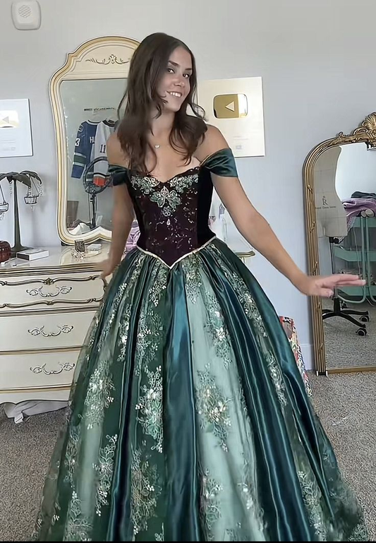 Vintage Off The Shoulder Green Satin Lace Applique Ball Gown Sweet 16 Dress D1253