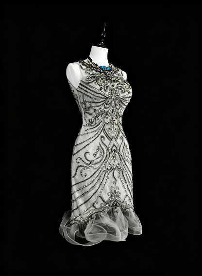 Fashion Silver Sleeveless Tulle Beaded Sheath Short Birthday Outfits,Backless Mini Cocktail Dress D4049
