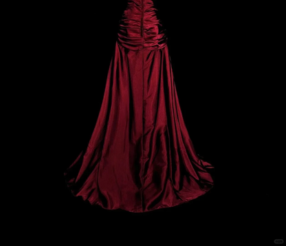 Vintage Strapless Satin Pleated Appliques Evening Dress Burgundy Long Party Dress D5376