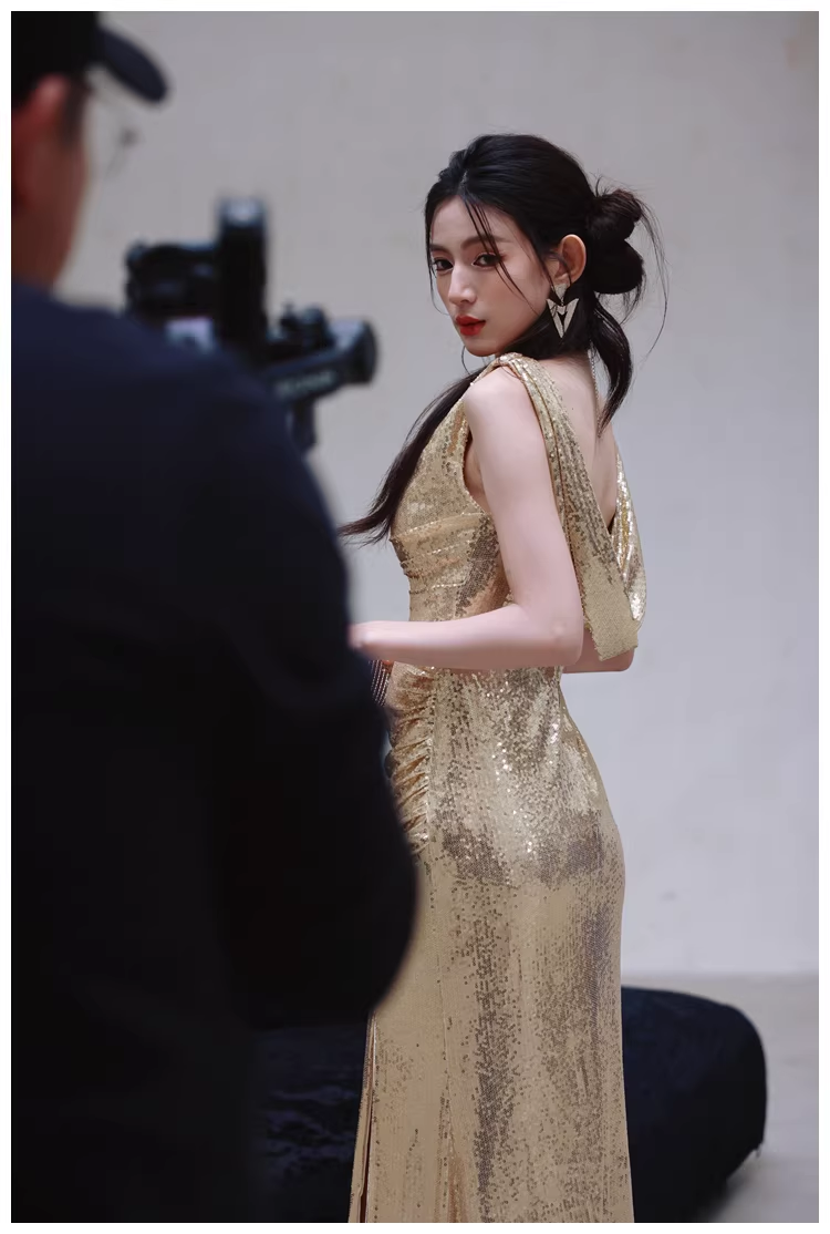 Fashion Gold Sleeveless Sequin Slit Mermaid Long Evening Dress Formal Wedding Guest Dress D2437