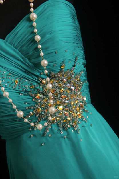 Unique One Shoulder Chiffon Beaded Long Wedding Guest Dress,Green Party Dress Prom Gown D2852