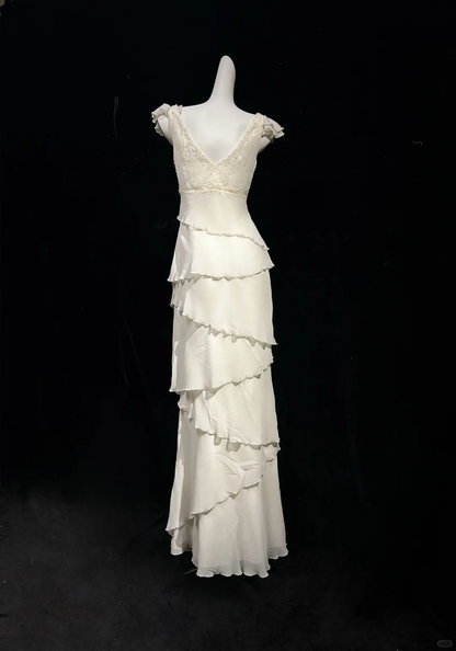 Classy White Sleeveless Chiffon Layered Beaded Long Party Dress Evening Dress D2841