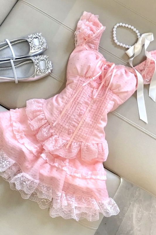 Cute Pink Lace Ruffle Short A Line Homecoming Dress 16th Birthday Outfits D342