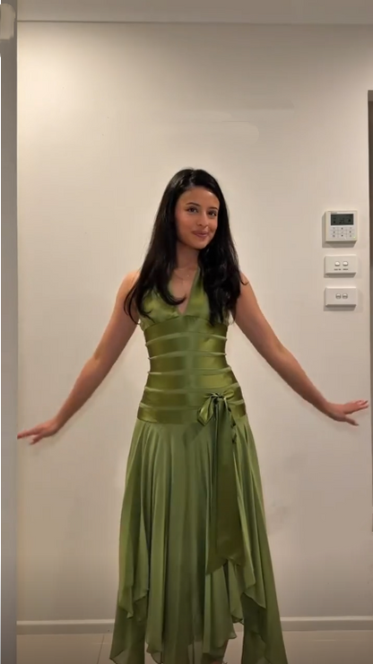 Classy Halter V Neck Green Satin Chiffon Mermaid Long Party Dress Evening Dress D4392