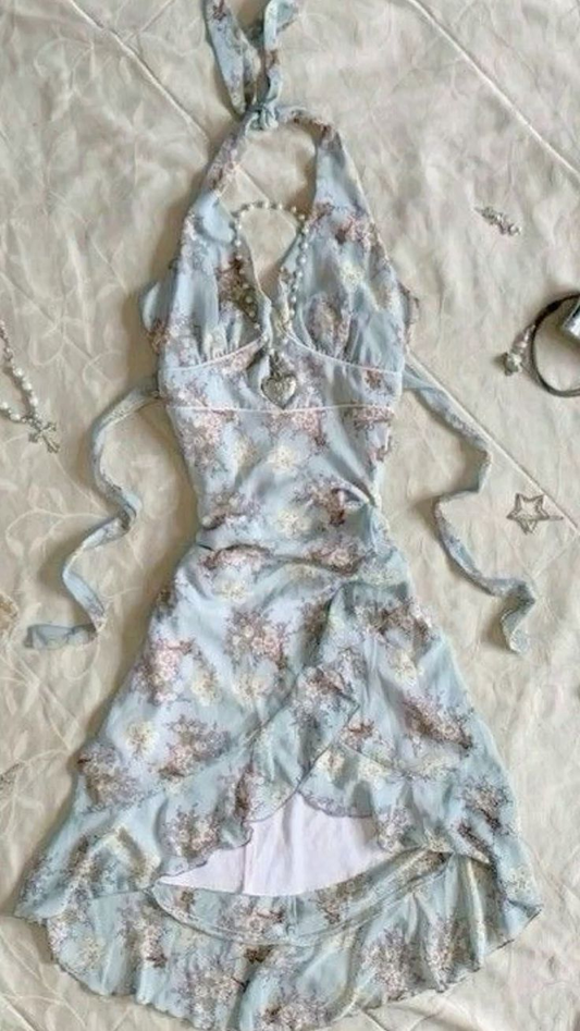 Cute Blue Chiffon Printed Floral Halter Short 8th Grade Homecoming Dress Birthday Outfits D146