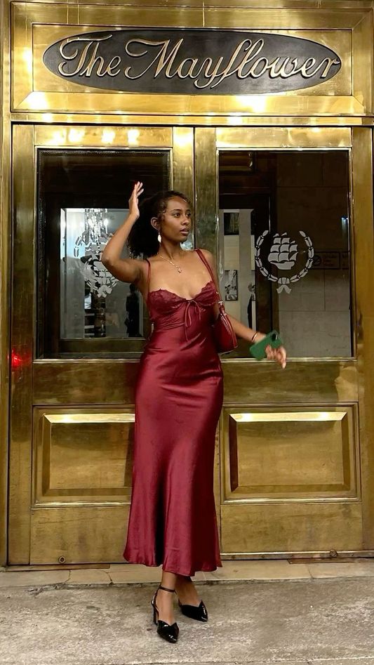 Elegant Spaghetti Straps Burgundy Satin Mermaid Long Wedding Guest Dress Party Gown D1643
