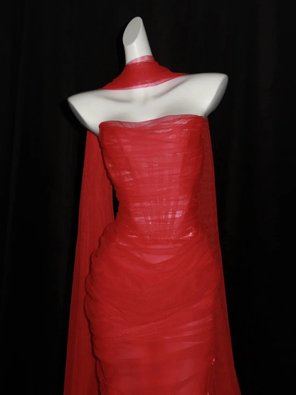 Sexy Red Tulle Pleated Mermaid Long Evening Dress With Scarf,Strapless Long Wedding Guest Dress D4843