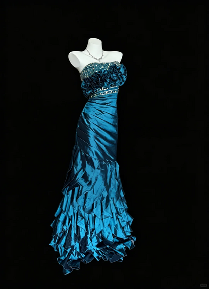 Pretty Blue Satin Pleated Beaded Mermaid Party Dress Strapless Long Evening Dress D5216