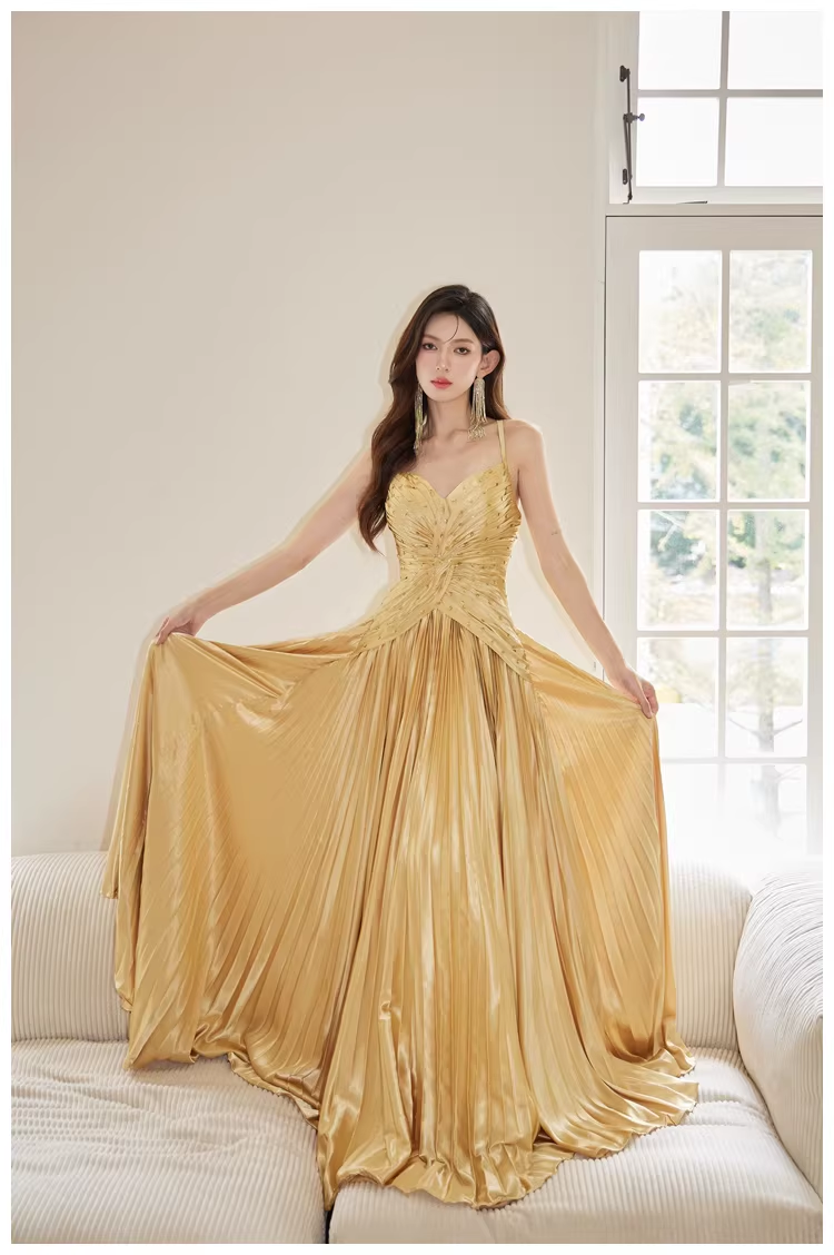 Gorgeous Spaghetti Straps Gold Satin Pleated Beaded A Line Long Evening Dress Birthday Dress D2406