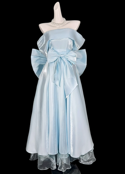 Charming Off The Shoulder Tulle Satin A Line Long Party Dress,Blue Long Birthday Evening Dress With Bow D4166