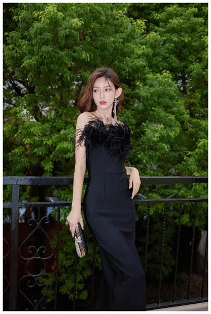 Chic Feathers Strapless White Satin Sheath Long Prom Dress Evening Dresses D2454
