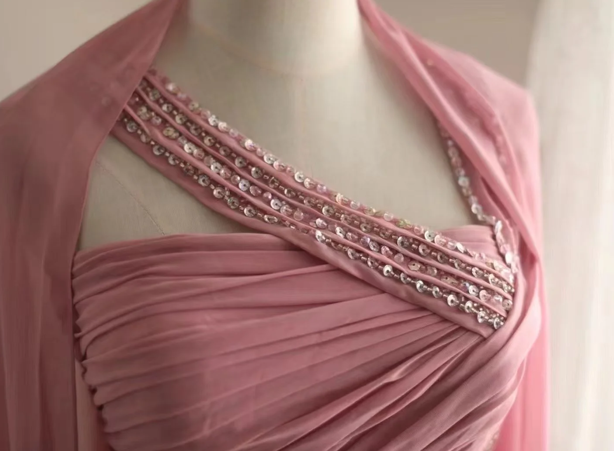 Fairy Pink Chiffon Sequin Beaded Mermaid Long Party Dress Birthday Evening Gown D2206