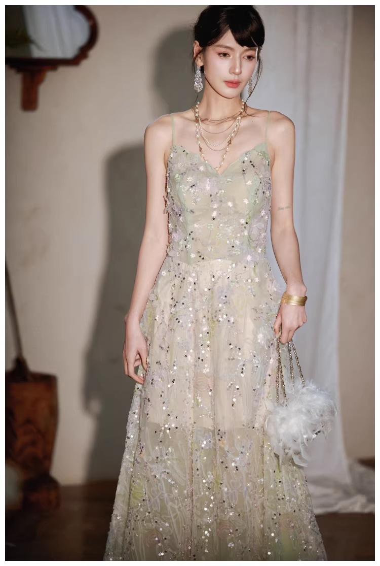 Pretty Spaghetti Straps Green Tulle Appliques A Line Long Birthday Prom Dress Evening Dress D2434