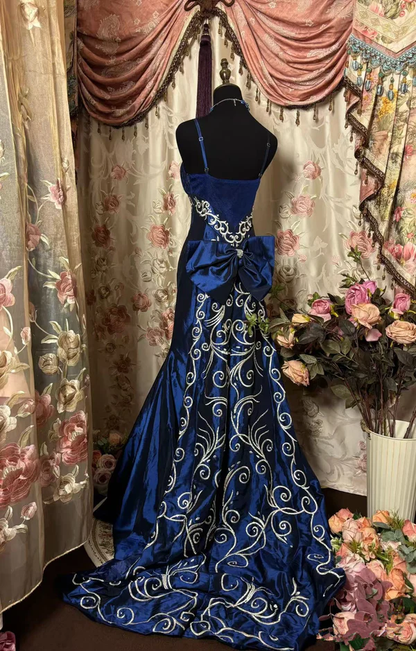 Vintage Spaghetti Straps Blue Satin Beaded Mermaid Evening Dress Long Prom Gown D1412