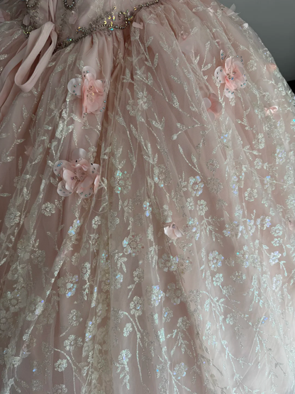Cute Pink Off The Shoulder Tulle Sequin Floral Beaded Quinceanera Dress Sweet 15 16 Dress With Appliques D4718