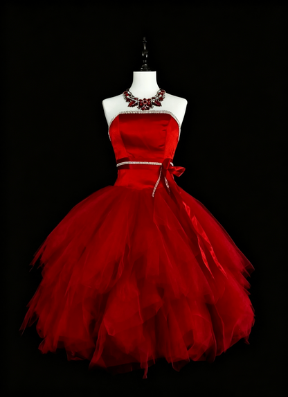 Gorgeous Red Strapless Satin Tulle Beaded A Line Short 8th Grade Homecoming Dress,Short Birthday Party Dress D4057