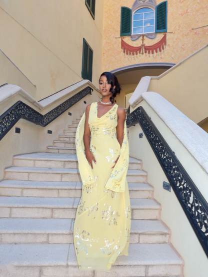 Pretty Yellow Chiffon Long Evening Dress Backless Birthday Party Dress D4962