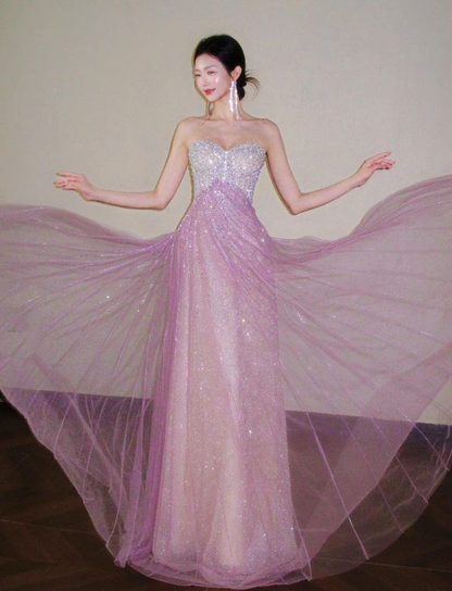 Shiny Pink Strapless Tulle Beaded Mermaid Long Birthday Party Dress Evening Gown D1879