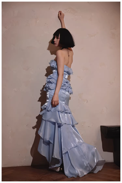 Glamorous Strapless Blue Satin Ruffles Layered mermaid Slit Evening Dress Long Party Dress D2431