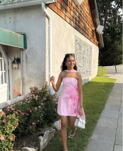 Classy Pink Strapless Satin Printed Floral Short Party Dress Formal Birthday Dress Homecoming Dress With Ribbon D744