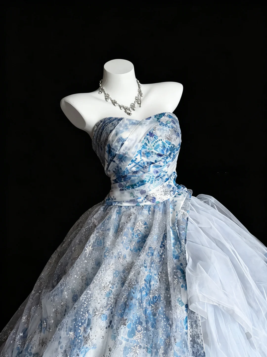 Charming Strapless Blue Satin Floral Tulle Sequin Quinceanera Dress Sweet 15 16 Dress D5271