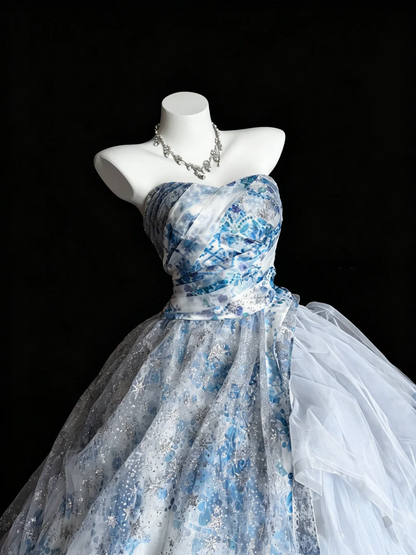 Charming Strapless Blue Satin Floral Tulle Sequin Quinceanera Dress Sweet 15 16 Dress D5271
