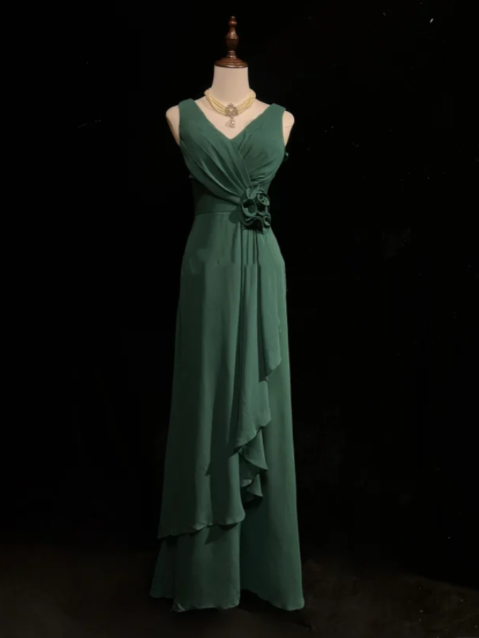 Vintage V Neck Dark Green Chiffon Long Wedding Guest Dress Formal Evening Dress Prom Gowns D2059