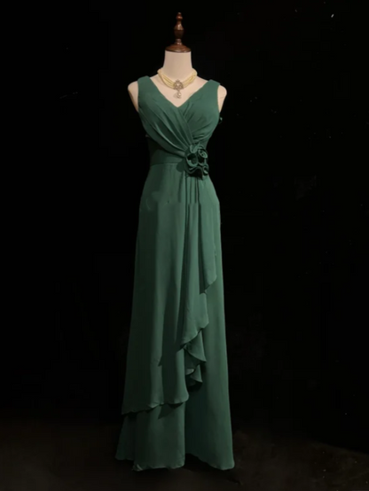 Vintage V Neck Dark Green Chiffon Long Wedding Guest Dress Formal Evening Dress Prom Gowns D2059