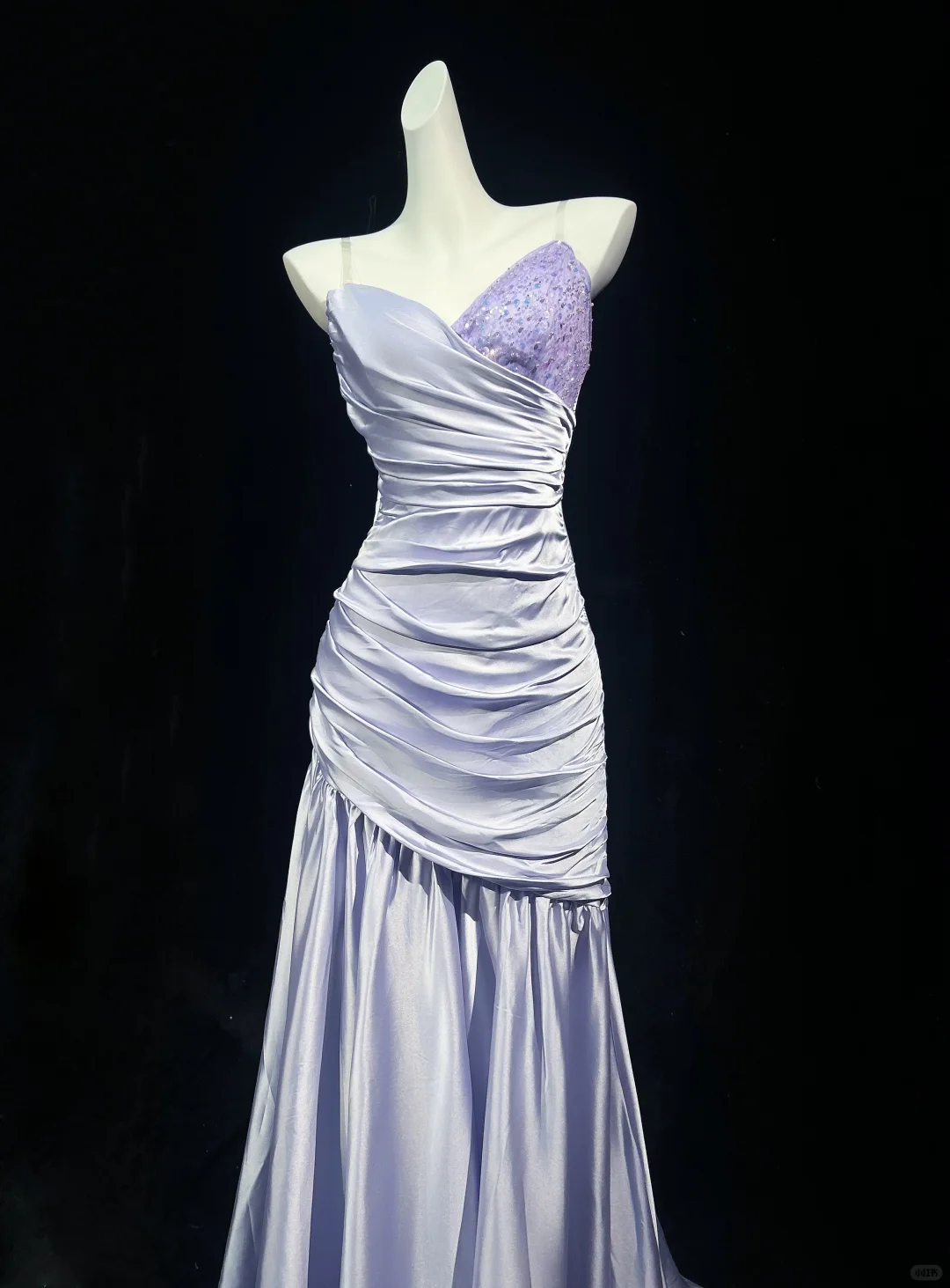 Pretty Lilac Satin Pleated Beaded Mermaid Evening Dress,Spaghetti Straps Long Prom Gown D3119